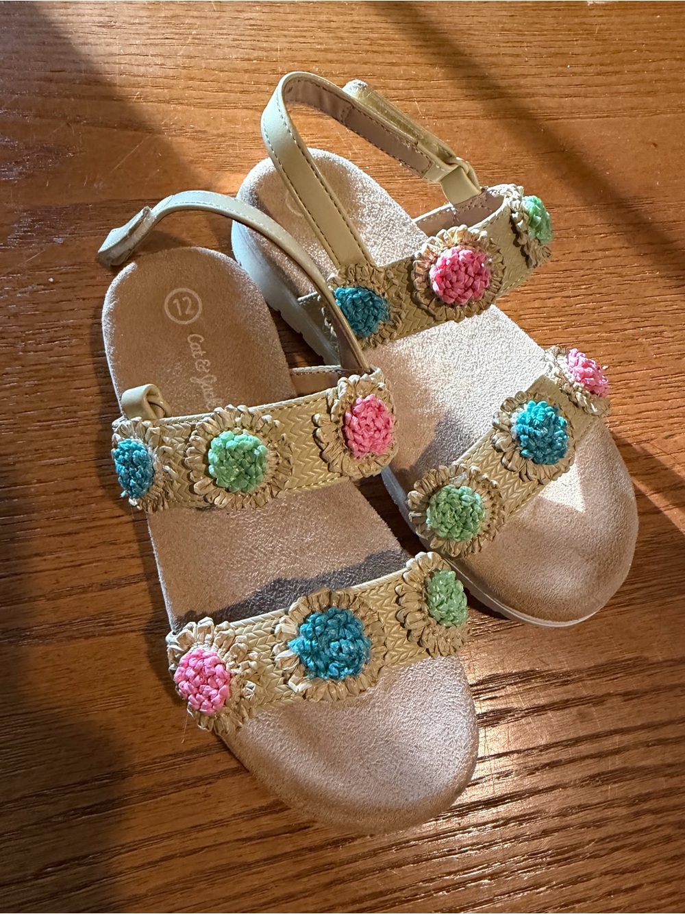 Cat & Jack Beige Sandals with Pink, Blue & Green Crochet Poms